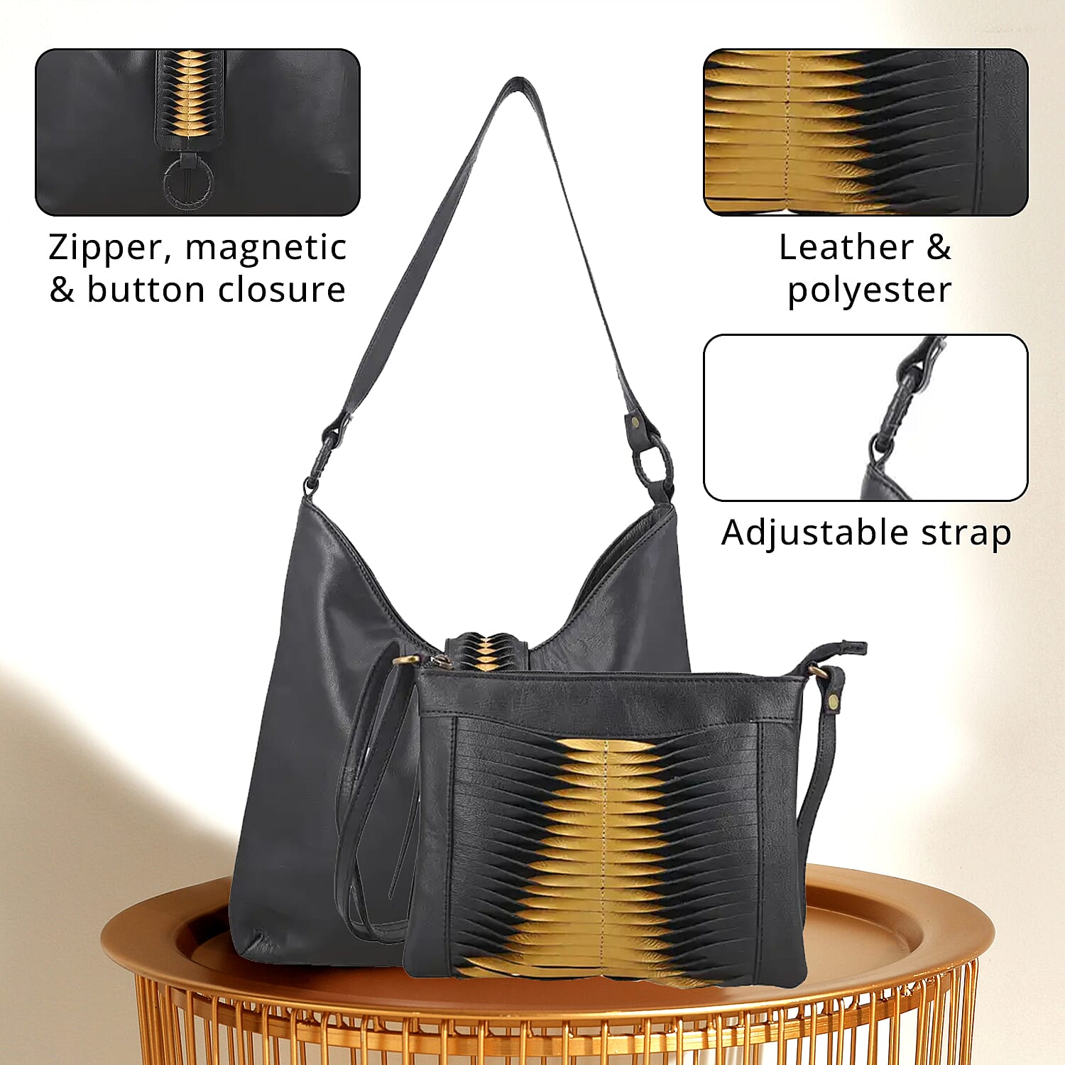 Set of 2 Black and Gold Pintuck Pattern Genuine Leather Shoulder Bag and Crossbody Bag