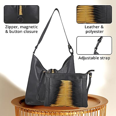 Set of 2 Black and Gold Pintuck Pattern Genuine Leather Shoulder Bag and Crossbody Bag