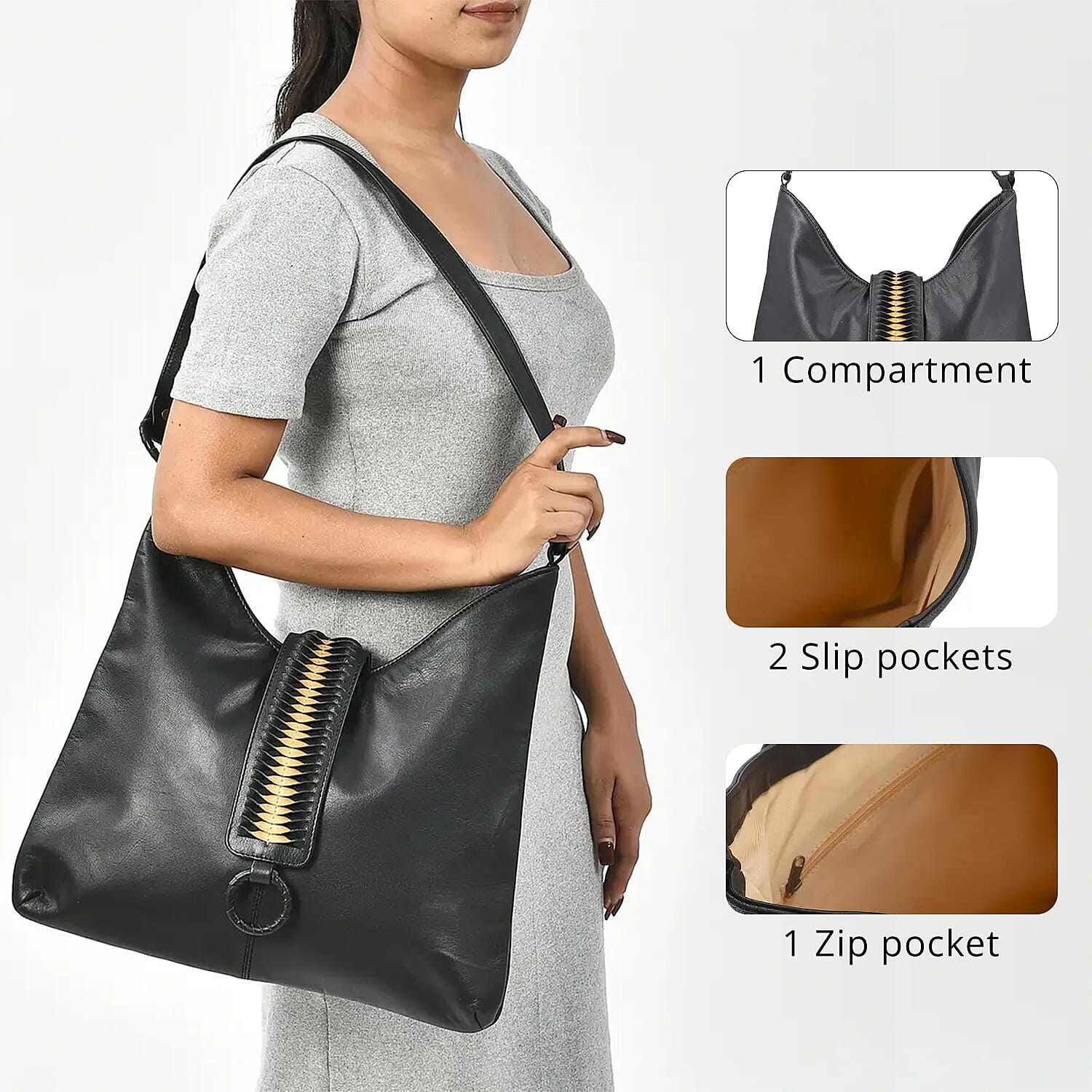 Set of 2 Black and Gold Pintuck Pattern Genuine Leather Shoulder Bag and Crossbody Bag