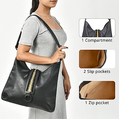 Set of 2 Black and Gold Pintuck Pattern Genuine Leather Shoulder Bag and Crossbody Bag