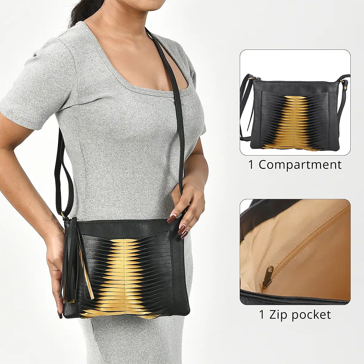Set of 2 Black and Gold Pintuck Pattern Genuine Leather Shoulder Bag and Crossbody Bag
