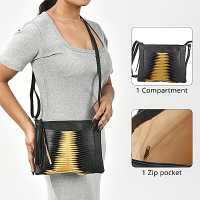 Set of 2 Black and Gold Pintuck Pattern Genuine Leather Shoulder Bag and Crossbody Bag