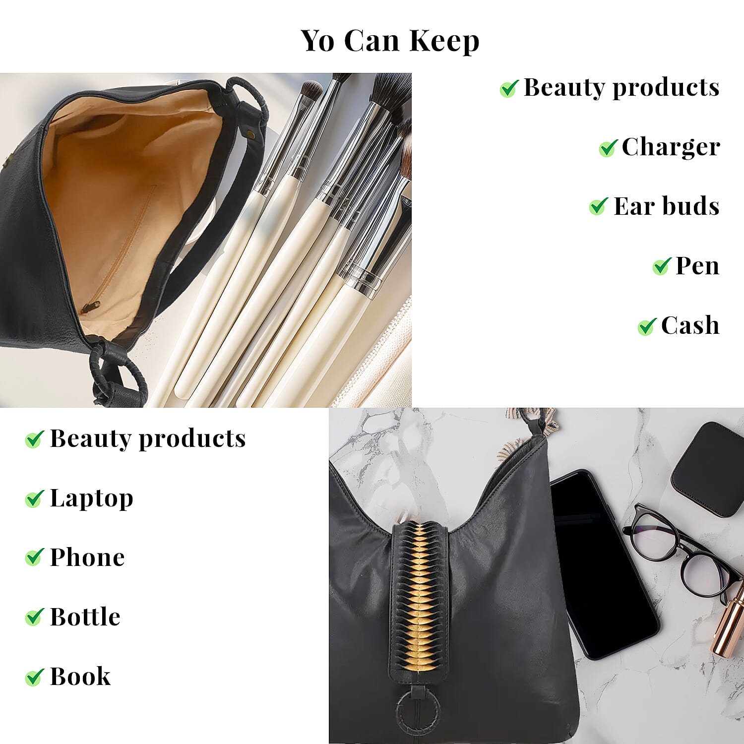Set of 2 Black and Gold Pintuck Pattern Genuine Leather Shoulder Bag and Crossbody Bag
