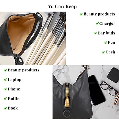 Set of 2 Black and Gold Pintuck Pattern Genuine Leather Shoulder Bag and Crossbody Bag