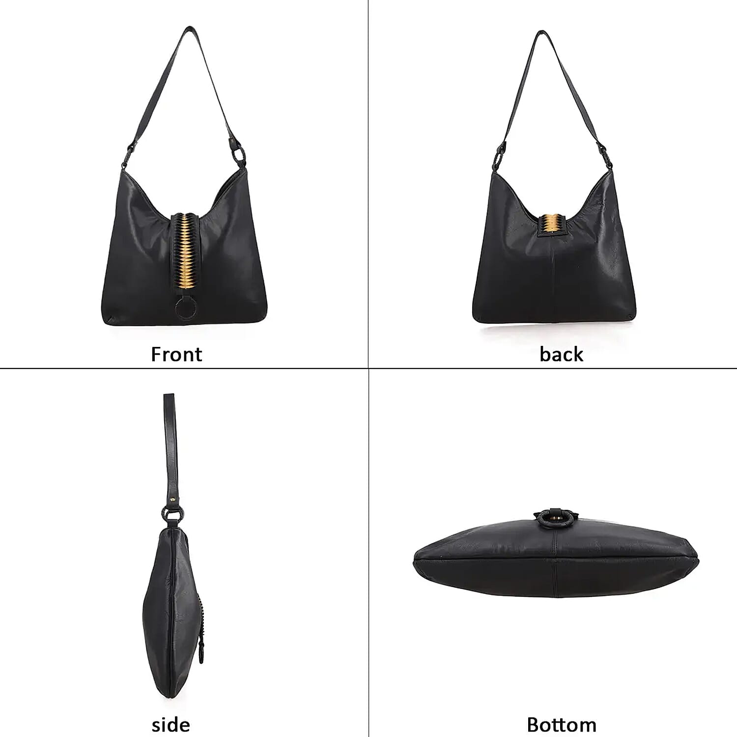 Set of 2 Black and Gold Pintuck Pattern Genuine Leather Shoulder Bag and Crossbody Bag
