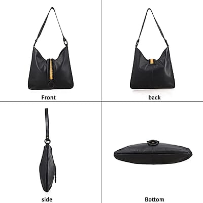 Set of 2 Black and Gold Pintuck Pattern Genuine Leather Shoulder Bag and Crossbody Bag