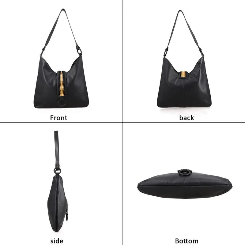 Set of 2 Black and Gold Pintuck Pattern Genuine Leather Shoulder Bag and Crossbody Bag