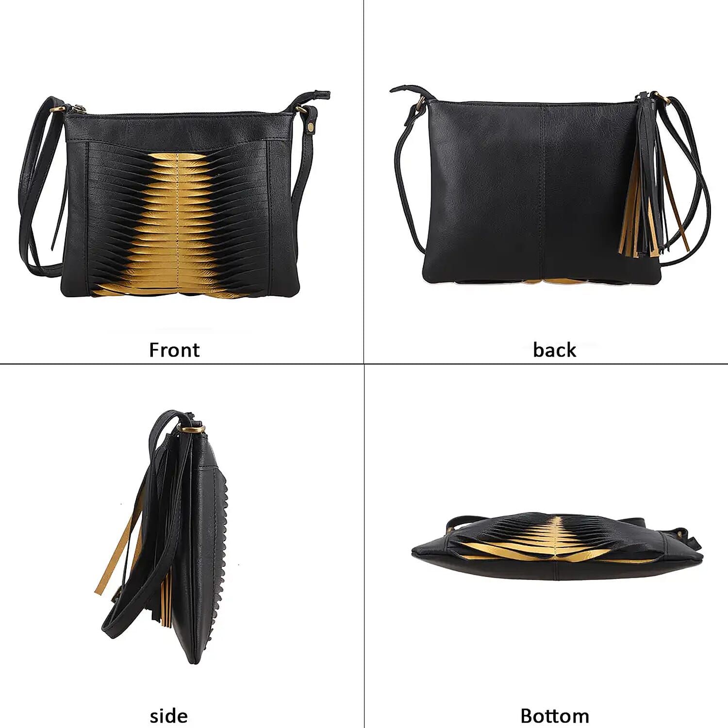 Set of 2 Black and Gold Pintuck Pattern Genuine Leather Shoulder Bag and Crossbody Bag