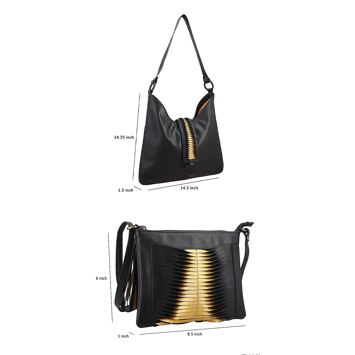 Set of 2 Black and Gold Pintuck Pattern Genuine Leather Shoulder Bag and Crossbody Bag