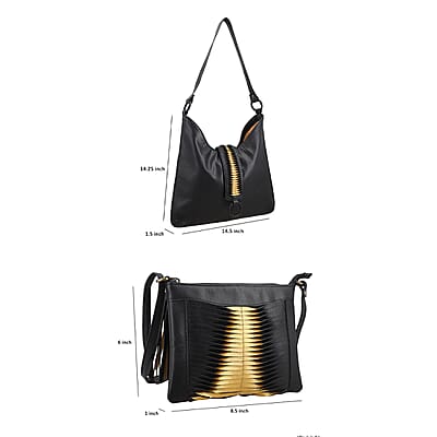 Set of 2 Black and Gold Pintuck Pattern Genuine Leather Shoulder Bag and Crossbody Bag
