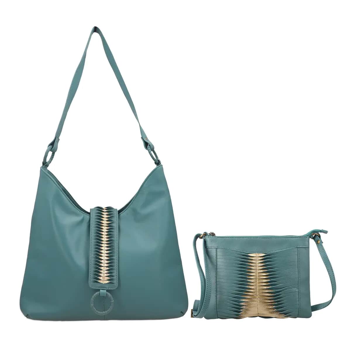 Set of 2 Turquoise Pintuck Pattern Genuine Leather Shoulder Bag and Crossbody Bag image number 0