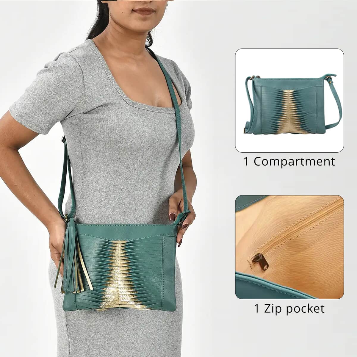 Set of 2 Turquoise Pintuck Pattern Genuine Leather Shoulder Bag and Crossbody Bag image number 6