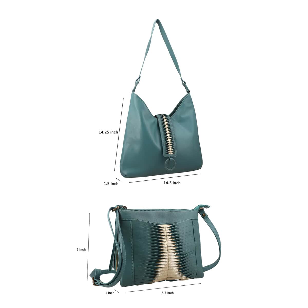 Set of 2 Turquoise Pintuck Pattern Genuine Leather Shoulder Bag and Crossbody Bag image number 11