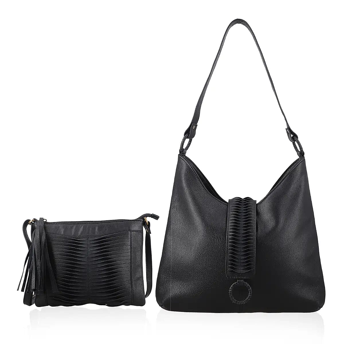 Set of 2 Black Pintuck Pattern Genuine Leather Shoulder Bag and Crossbody Bag image number 0