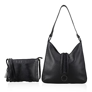 Set of 2 Black Pintuck Pattern Genuine Leather Shoulder Bag and Crossbody Bag