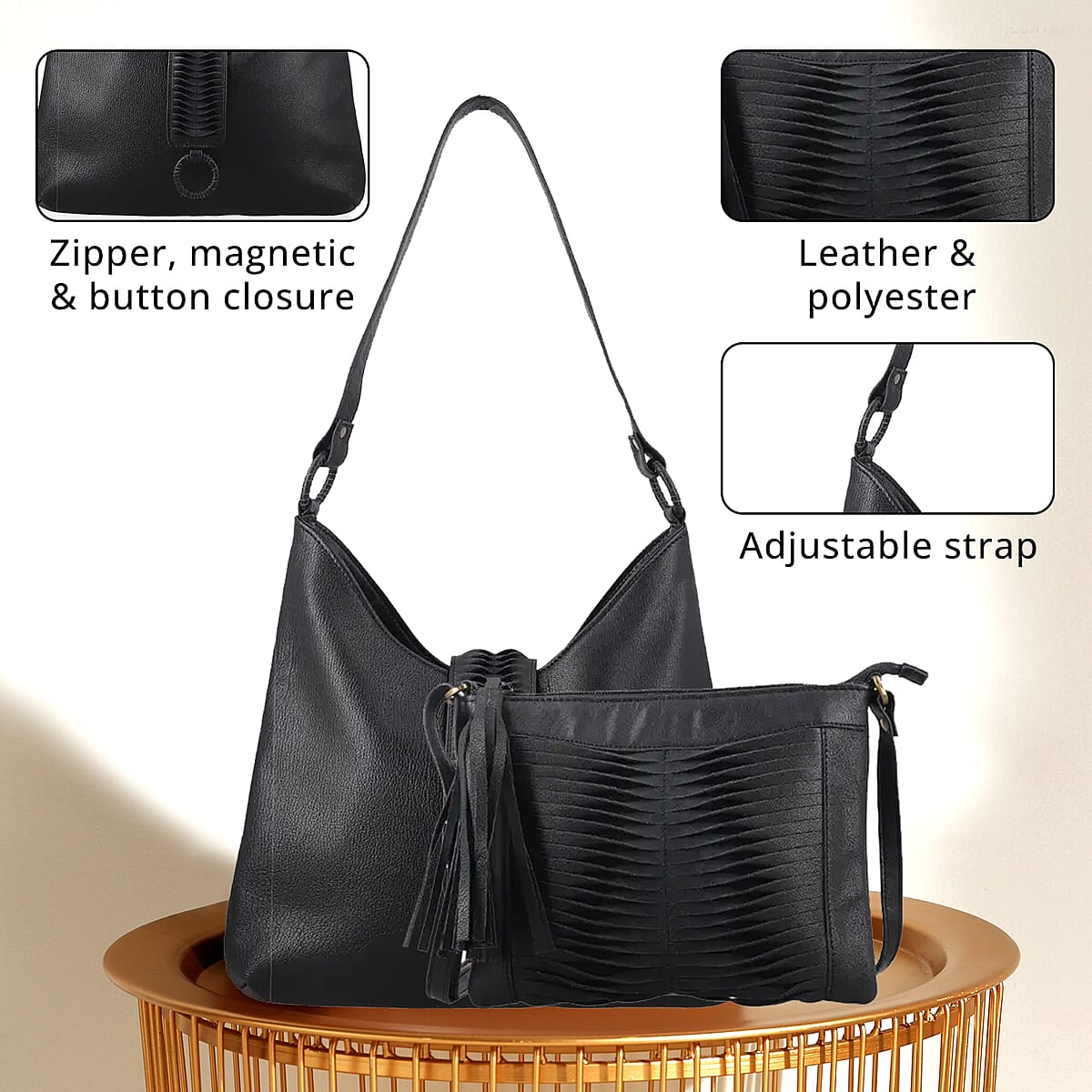 Set of 2 Black Pintuck Pattern Genuine Leather Shoulder Bag and Crossbody Bag image number 4