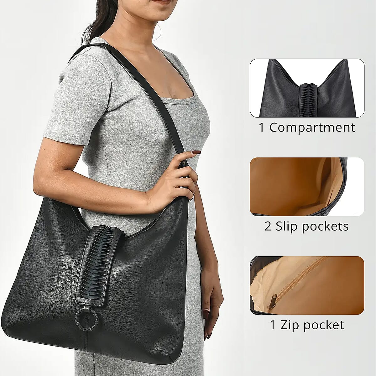 Set of 2 Black Pintuck Pattern Genuine Leather Shoulder Bag and Crossbody Bag image number 5