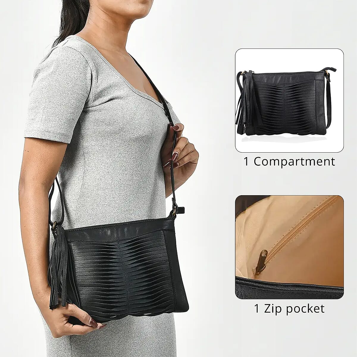 Set of 2 Black Pintuck Pattern Genuine Leather Shoulder Bag and Crossbody Bag image number 6