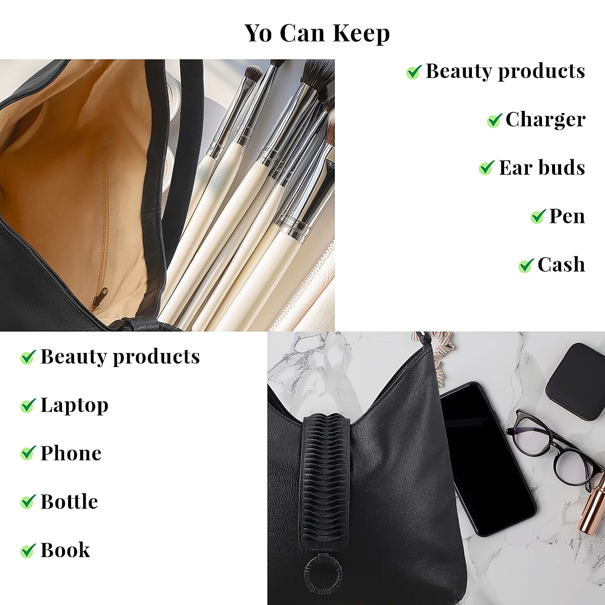 Set of 2 Black Pintuck Pattern Genuine Leather Shoulder Bag and Crossbody Bag image number 7