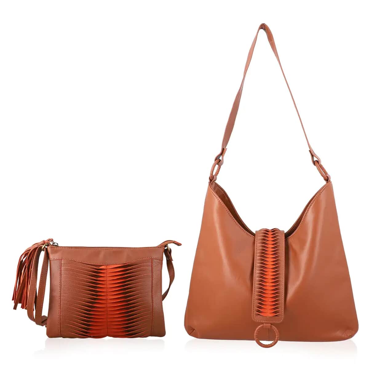 Set of 2 Camel Pintuck Pattern Genuine Leather Shoulder Bag and Crossbody Bag image number 0