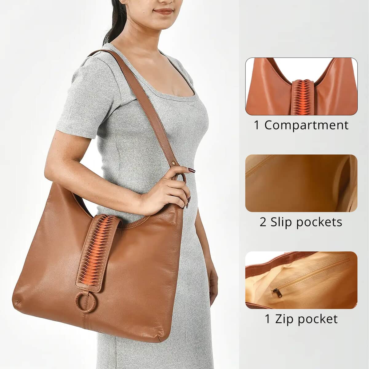 Set of 2 Camel Pintuck Pattern Genuine Leather Shoulder Bag and Crossbody Bag image number 5