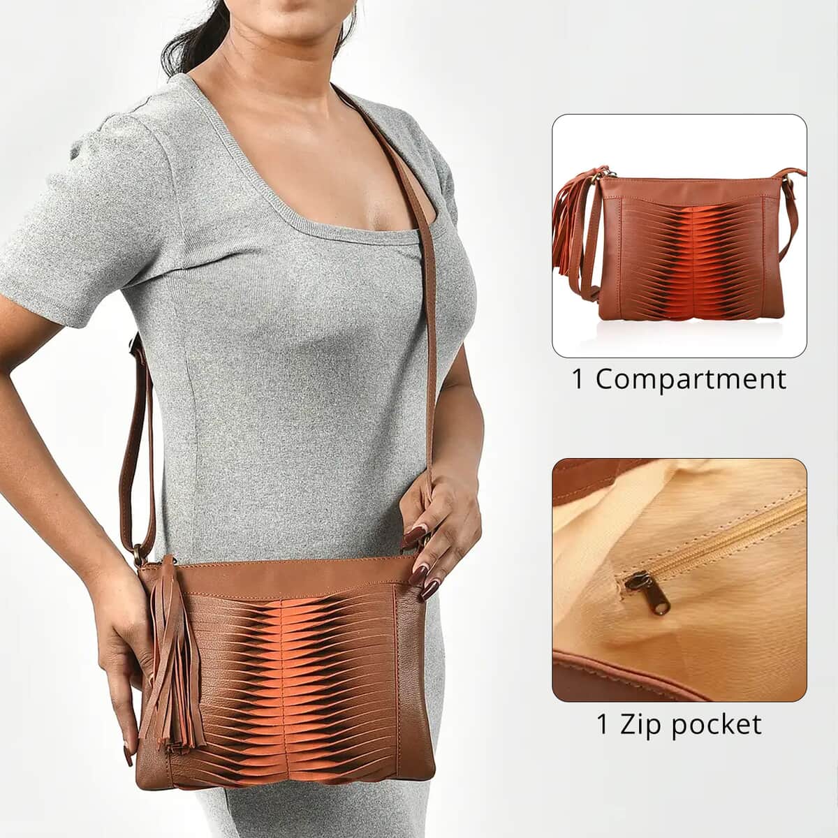 Set of 2 Camel Pintuck Pattern Genuine Leather Shoulder Bag and Crossbody Bag image number 6