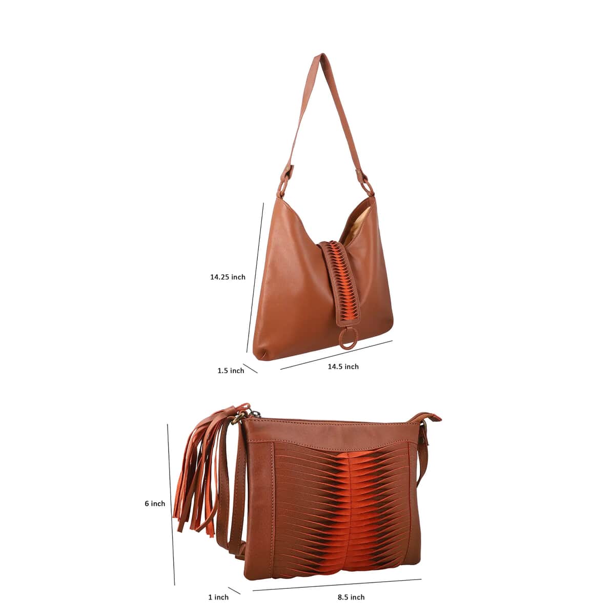 Set of 2 Camel Pintuck Pattern Genuine Leather Shoulder Bag and Crossbody Bag image number 11