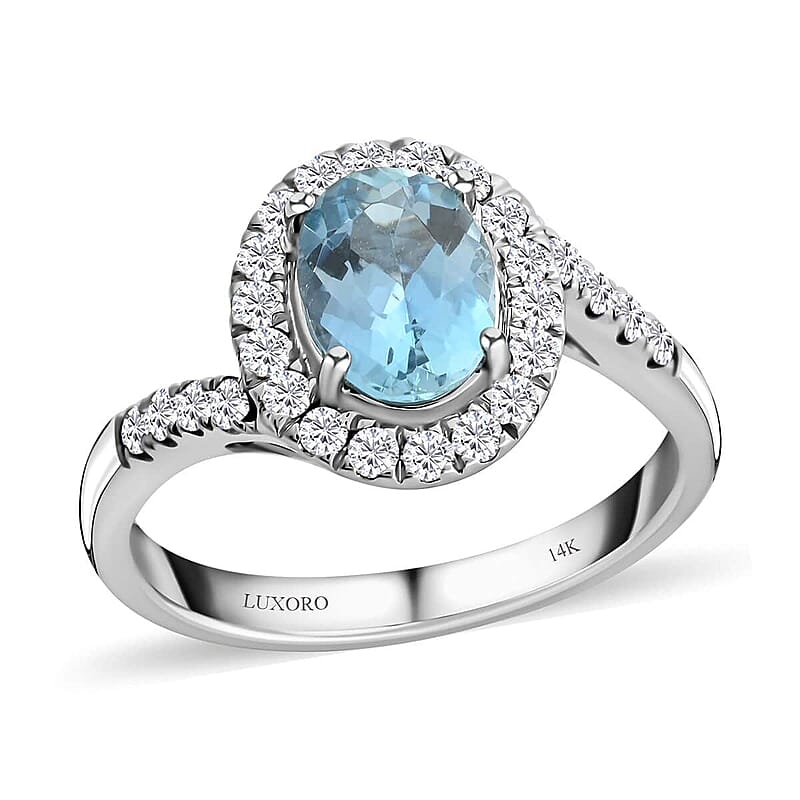 Luxoro 14K White Gold AAA Santa Maria Aquamarine and G-H I2 Diamond Ring (Size 5.0) 4.10 Grams 1.50 ctw