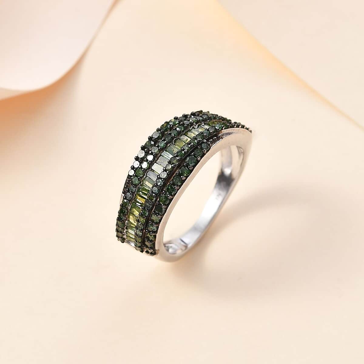 Green Diamond Ring in Rhodium Over Sterling Silver (Size 10.0) 1.00 ctw image number 1