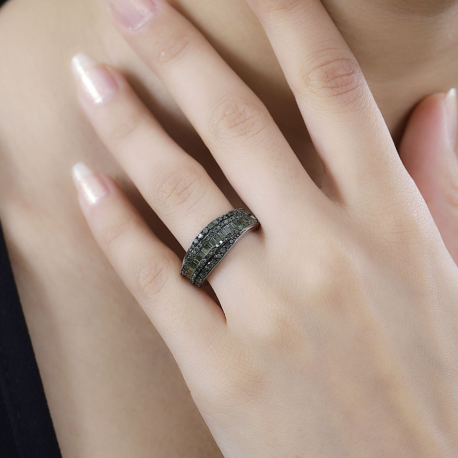 Green Diamond Ring in Rhodium Over Sterling Silver (Size 10.0) 1.00 ctw