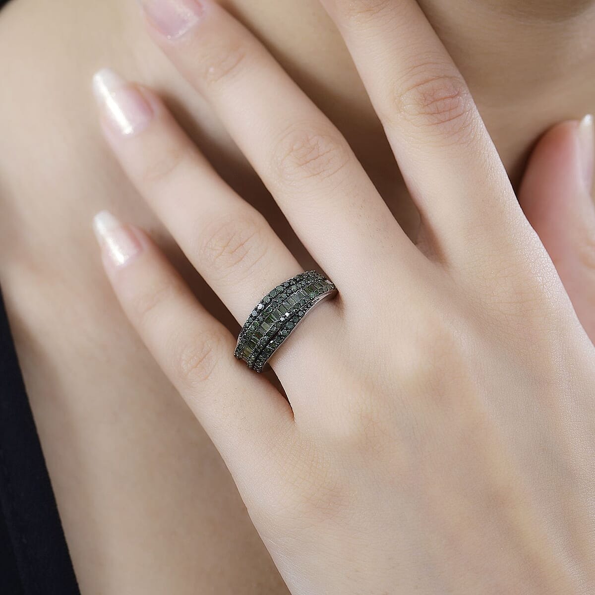 Green Diamond Ring in Rhodium Over Sterling Silver (Size 6.0) 1.00 ctw image number 2