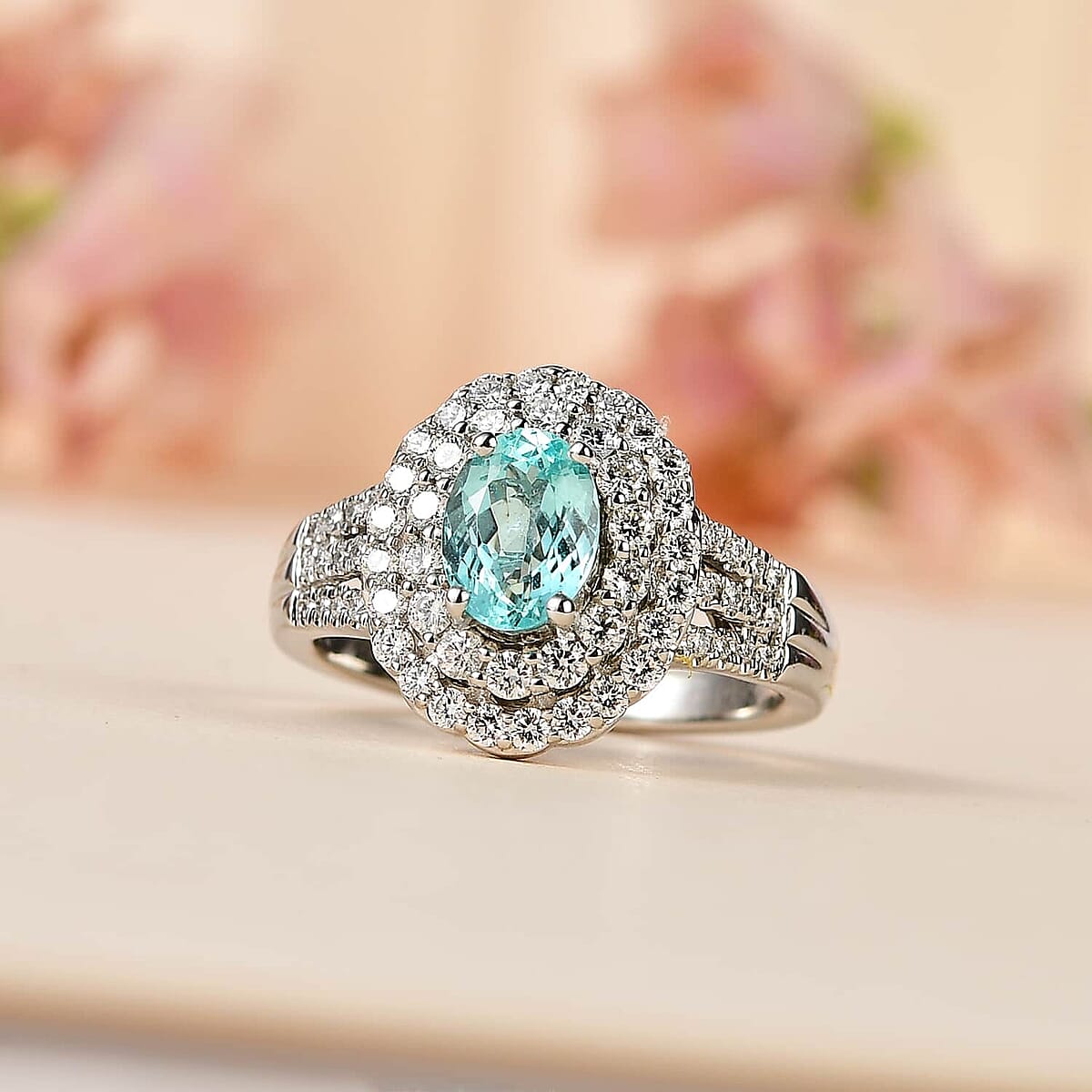 Certified & Appraised Rhapsody 950 Platinum AAAA Paraiba Tourmaline and E-F VS Diamond Double Halo Ring (Size 11.0) 9.20 Grams 2.00 ctw image number 1