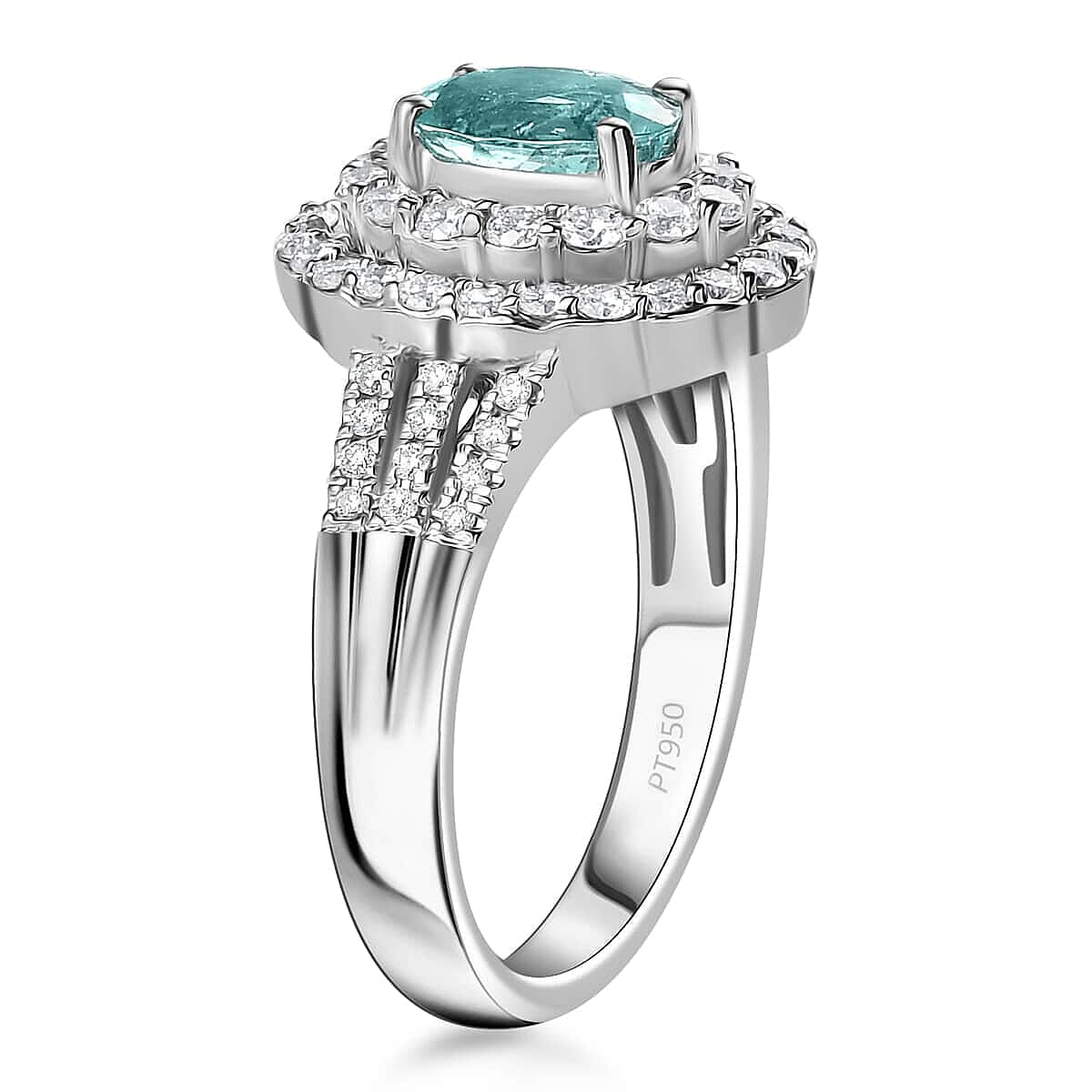 Certified & Appraised Rhapsody 950 Platinum AAAA Paraiba Tourmaline and E-F VS Diamond Double Halo Ring (Size 11.0) 9.20 Grams 2.00 ctw image number 3