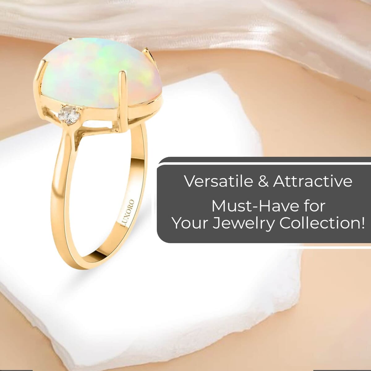Certified & Appraised Luxoro AAA Ethiopian Welo Opal and Diamond Accent 3.60 ctw Ring in 14K Yellow Gold, Opal Three Stone Ring, Wedding Rings (Size 9) image number 3