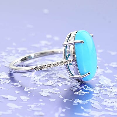 Luxoro 14K White Gold AAA Sleeping Beauty Turquoise and G-H I2 Diamond Ring (Size 5.0) 5.35 ctw