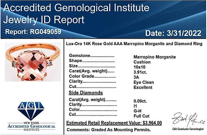 Certified & Appraised Luxoro 14K Rose Gold AAA Marropino Morganite and G-H I1 Diamond Ring (Size 10.5) 4.00 ctw