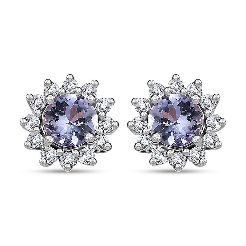 Tanzanite and White Zircon Sunburst Stud Earrings in Rhodium Over Sterling Silver 1.00 ctw