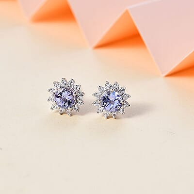 Tanzanite and White Zircon Sunburst Stud Earrings in Rhodium Over Sterling Silver 1.00 ctw
