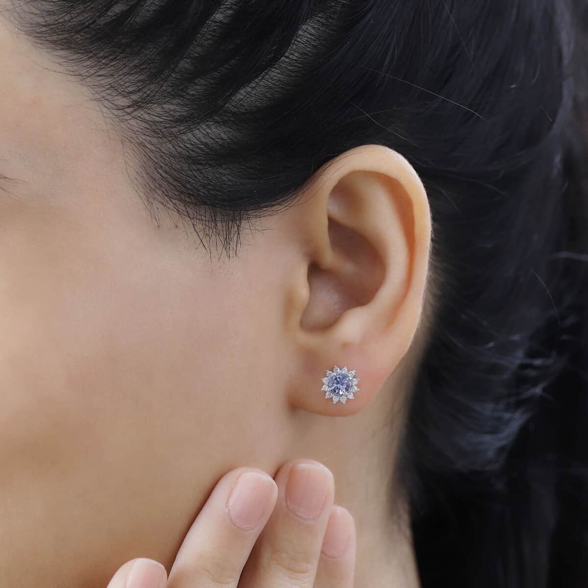 Tanzanite and White Zircon Sunburst Stud Earrings in Rhodium Over Sterling Silver 1.00 ctw image number 2
