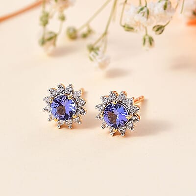 Tanzanite and White Zircon Sunburst Stud Earrings in 18K Vermeil Yellow Gold Over Sterling Silver 1.00 ctw