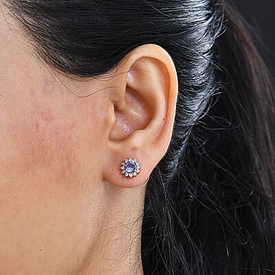 Tanzanite and White Zircon Sunburst Stud Earrings in 18K Vermeil Yellow Gold Over Sterling Silver 1.00 ctw