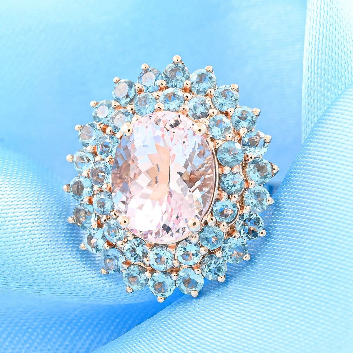 Certified & Appraised Luxoro 14K Rose Gold Palmeiras AAAA Pink  Morganite and AAAA Santa Maria Aquamarine Double Halo Ring (Size 7.5) 4.45 Grams 3.60 ctw image number 1