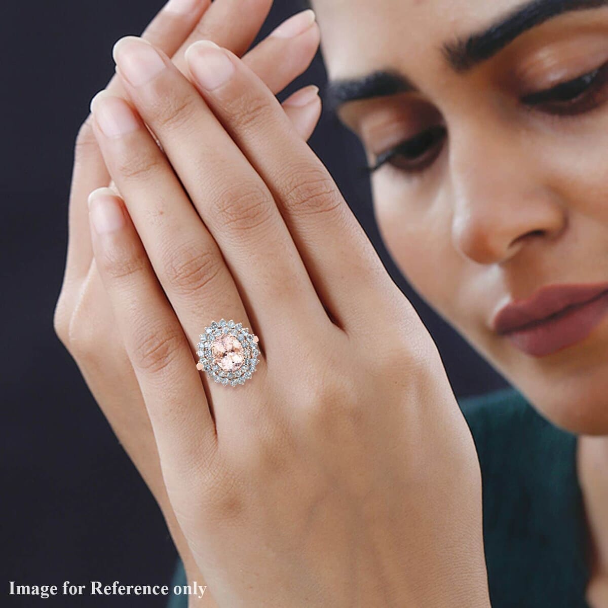 Certified & Appraised Luxoro 14K Rose Gold Palmeiras AAAA Pink  Morganite and AAAA Santa Maria Aquamarine Double Halo Ring (Size 7.5) 4.45 Grams 3.60 ctw image number 2