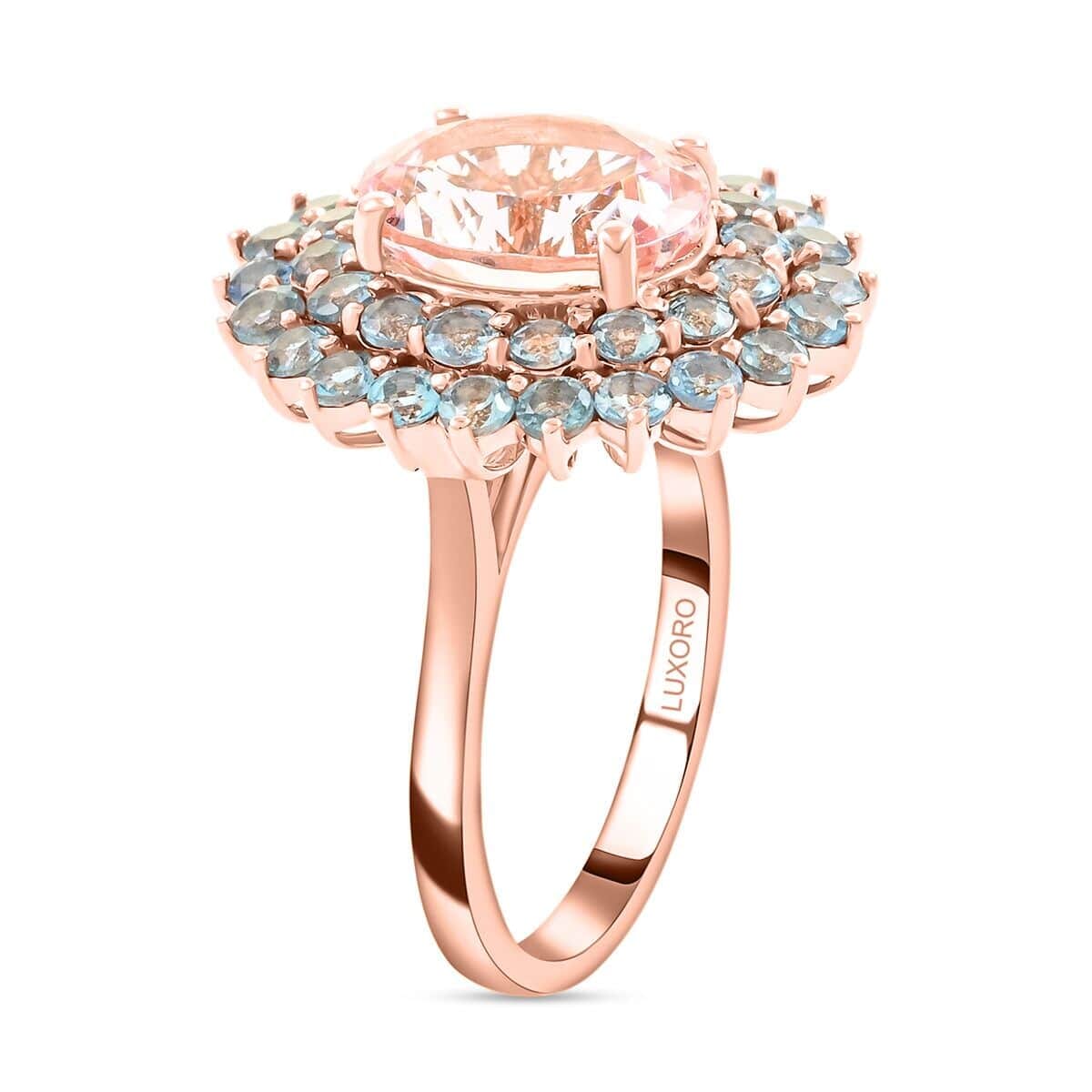 Certified & Appraised Luxoro 14K Rose Gold Palmeiras AAAA Pink  Morganite and AAAA Santa Maria Aquamarine Double Halo Ring (Size 7.5) 4.45 Grams 3.60 ctw image number 3