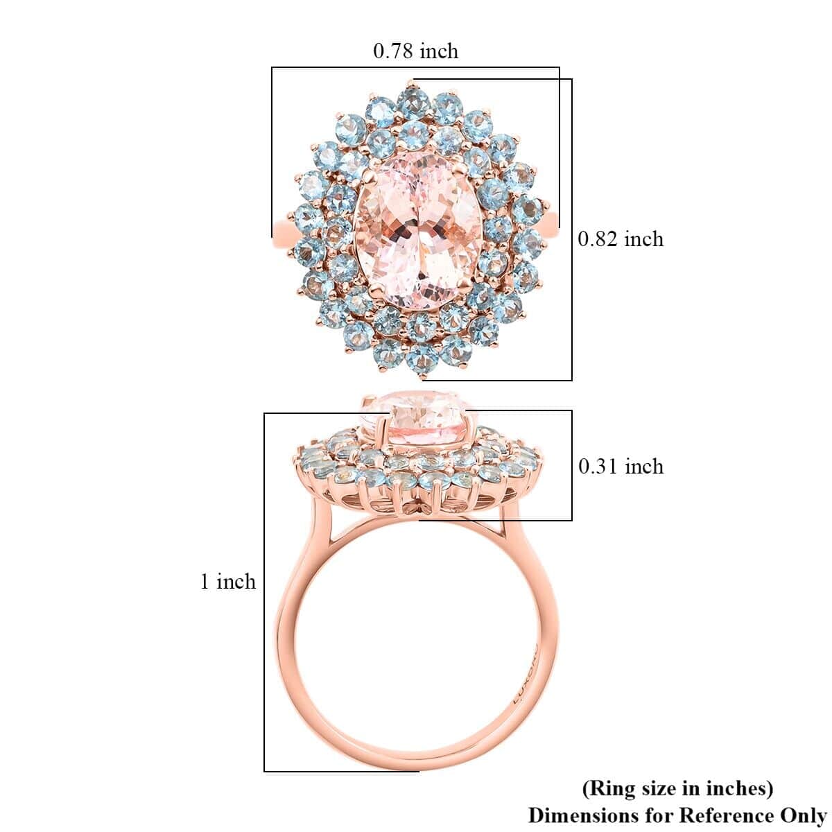 Certified & Appraised Luxoro 14K Rose Gold Palmeiras AAAA Pink  Morganite and AAAA Santa Maria Aquamarine Double Halo Ring (Size 7.5) 4.45 Grams 3.60 ctw image number 4