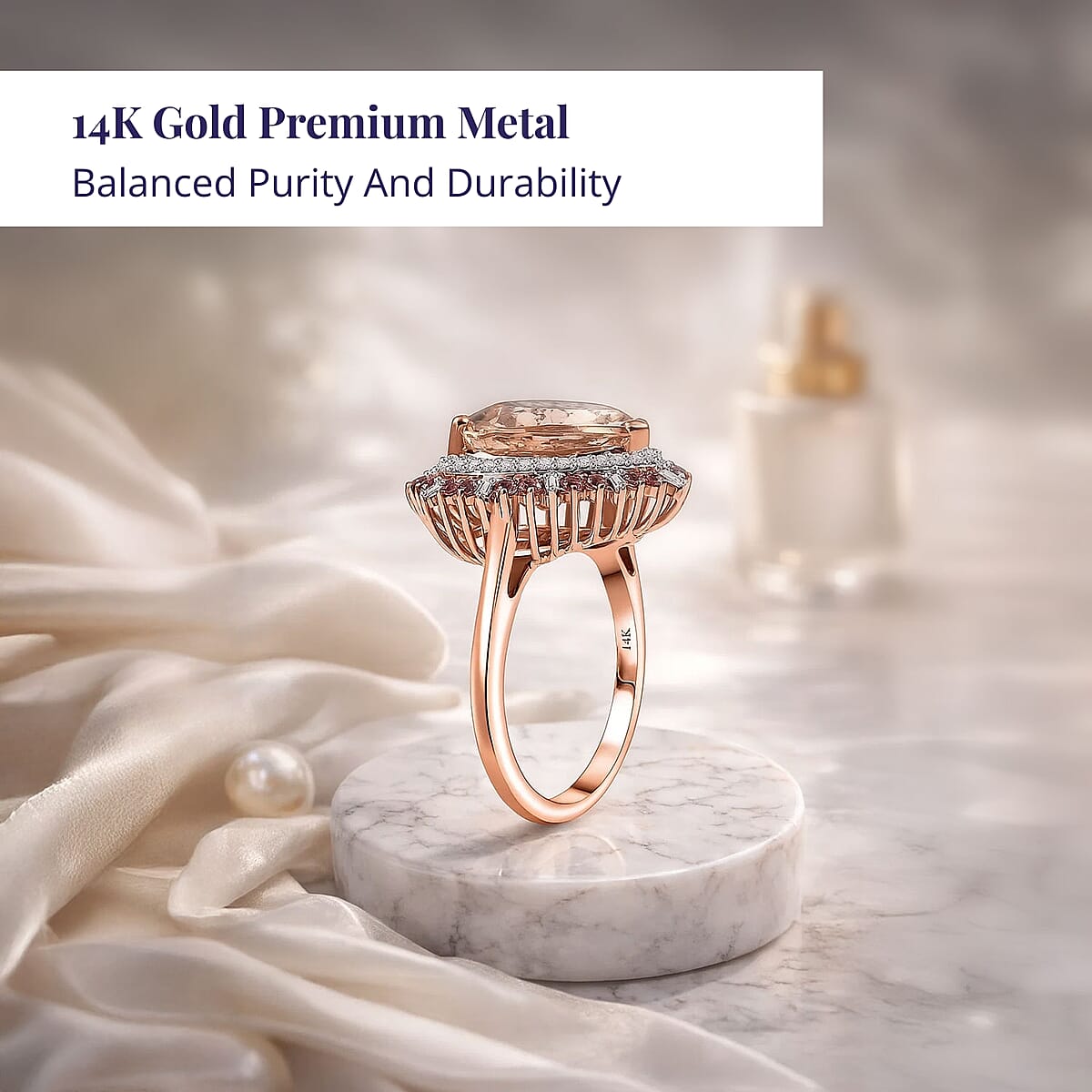 Certified & Appraised Luxoro 14K Rose Gold Palmeiras AAA Pink Morganite and AAA Santa Maria Aquamarine Double Halo Ring (Size 8.5) 4.45 Grams 3.60 ctw image number 2