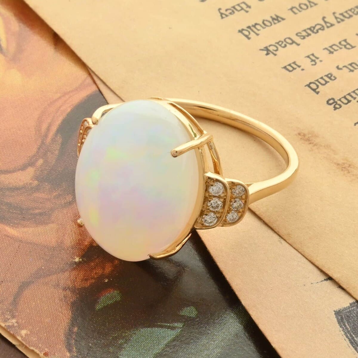 Certified and Appraised Iliana 18K Yellow Gold AAA Ethiopian Welo Opal and G-H SI Diamond Ring (Size 8.5) 4.20 Grams 10.15 ctw image number 1