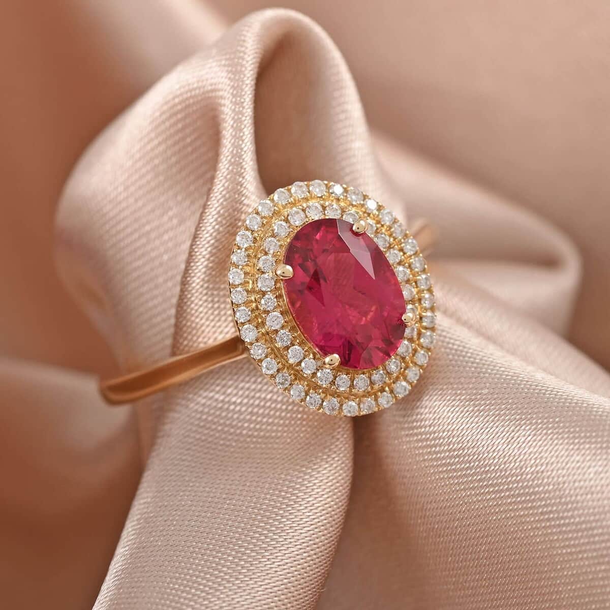 Certified Iliana 18K Yellow Gold AAA Ouro Fino Rubellite and G-H SI Diamond Double Halo Ring (Size 8.0) 1.60 ctw image number 1