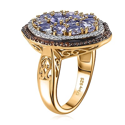 Tanzanite, Brown and White Zircon Sea Pebble Ring in 18K Vermeil Yellow Gold Over Sterling Silver (Size 10.0) 3.20 ctw