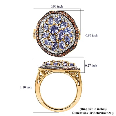 Tanzanite, Brown and White Zircon Sea Pebble Ring in 18K Vermeil Yellow Gold Over Sterling Silver (Size 10.0) 3.20 ctw